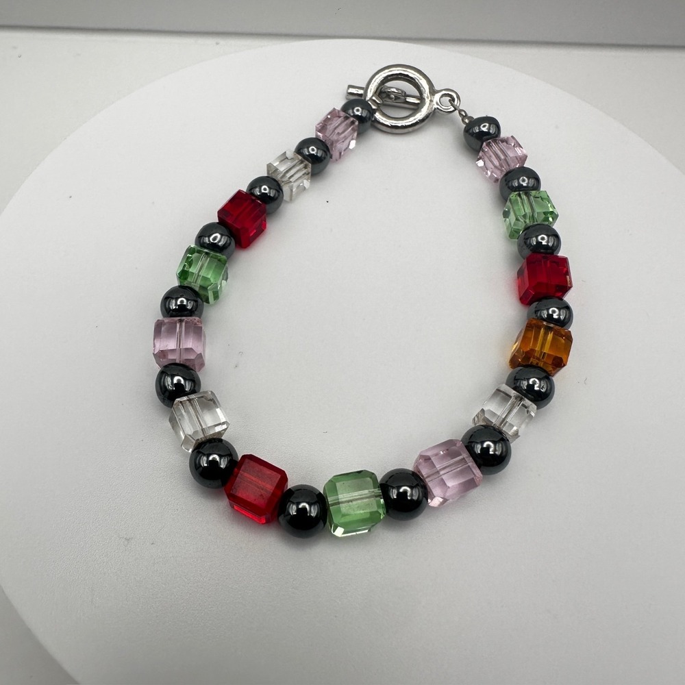 Vintage 90s Multi-Color Crystal Cube Beaded Bracelet Silver Tone Women's Jewelry